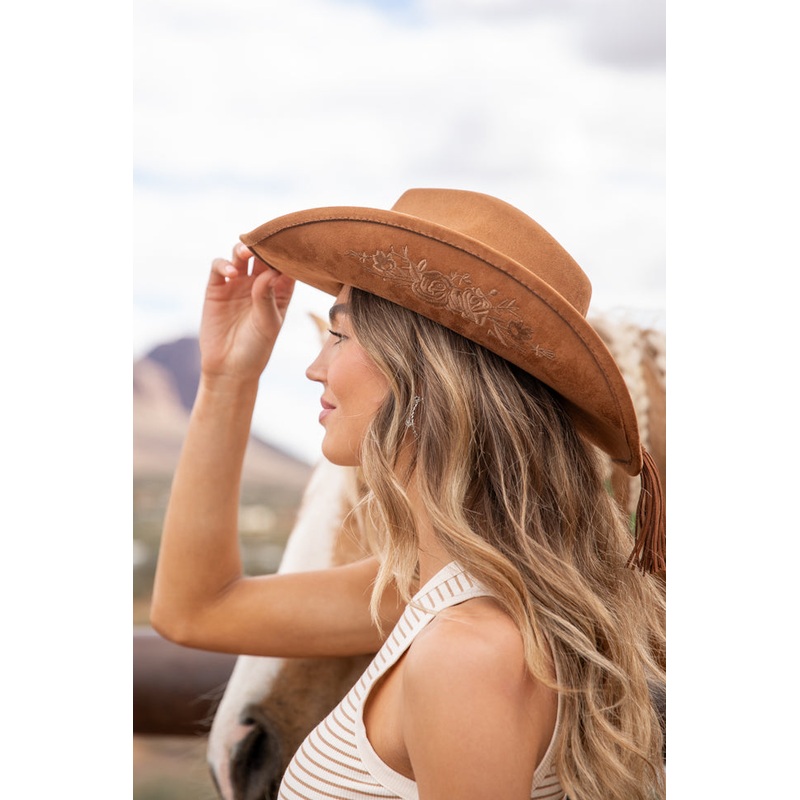 Rose Embroidered Brown Cowboy Hat