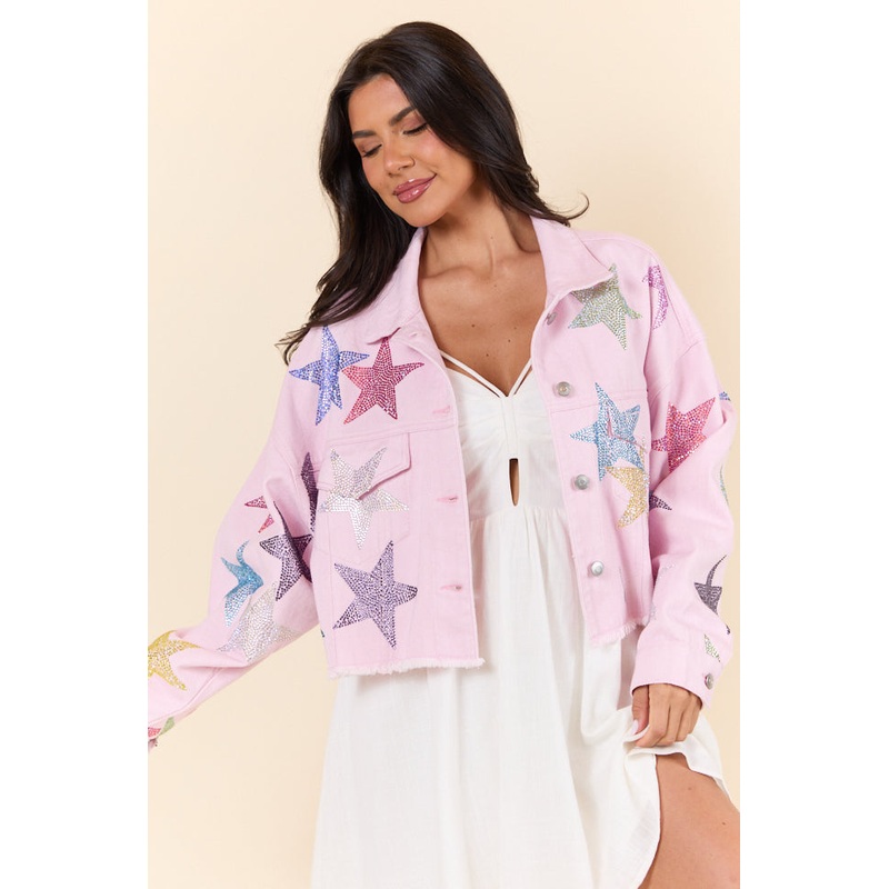 Shine Bright Light Pink Embellished Star Denim Jacket