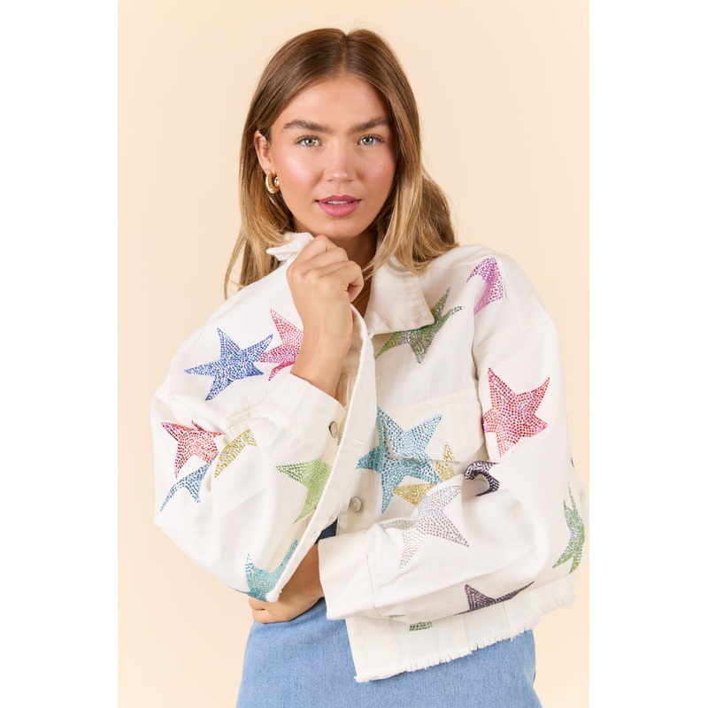 Shine Bright White Embellished Star Denim Jacket