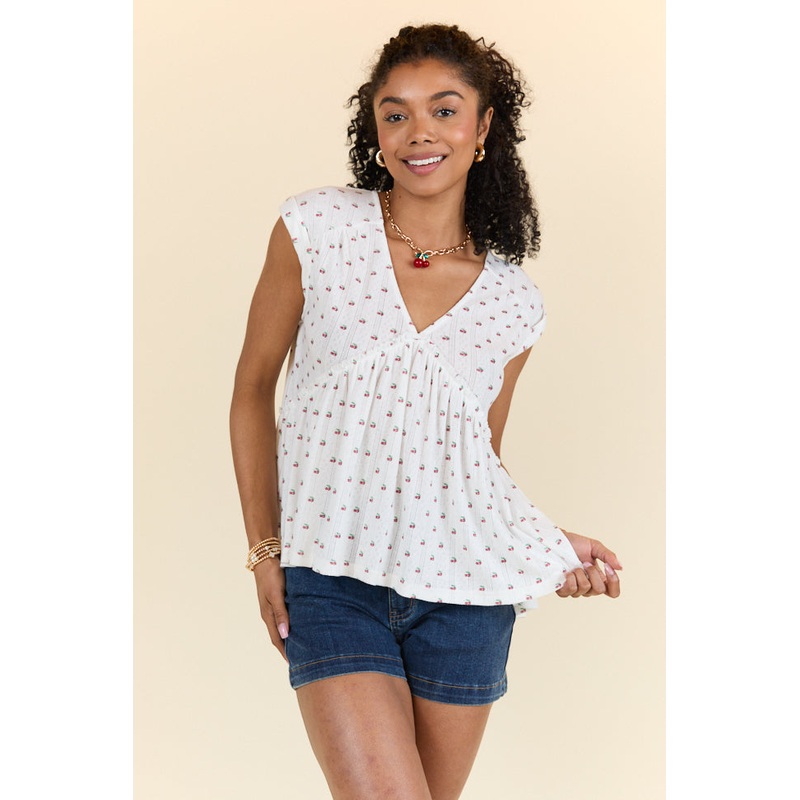 Treasured Times Ivory Cherry Print Oversized Knit Top