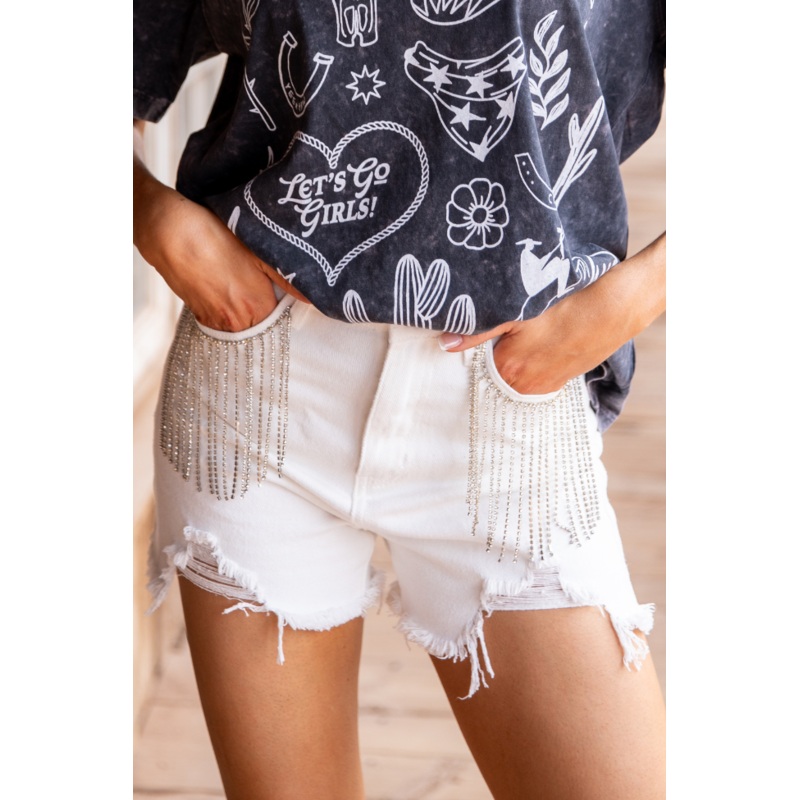 Watermelon Crawl White Distressed Rhinestone Fringe Denim Shorts