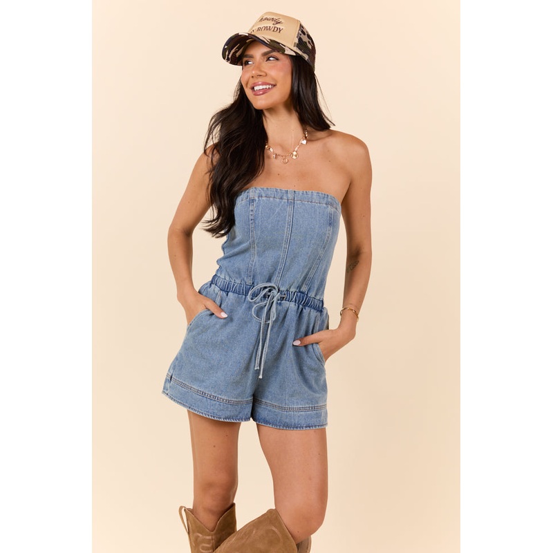 Worth The Risk Denim Strapless Romper
