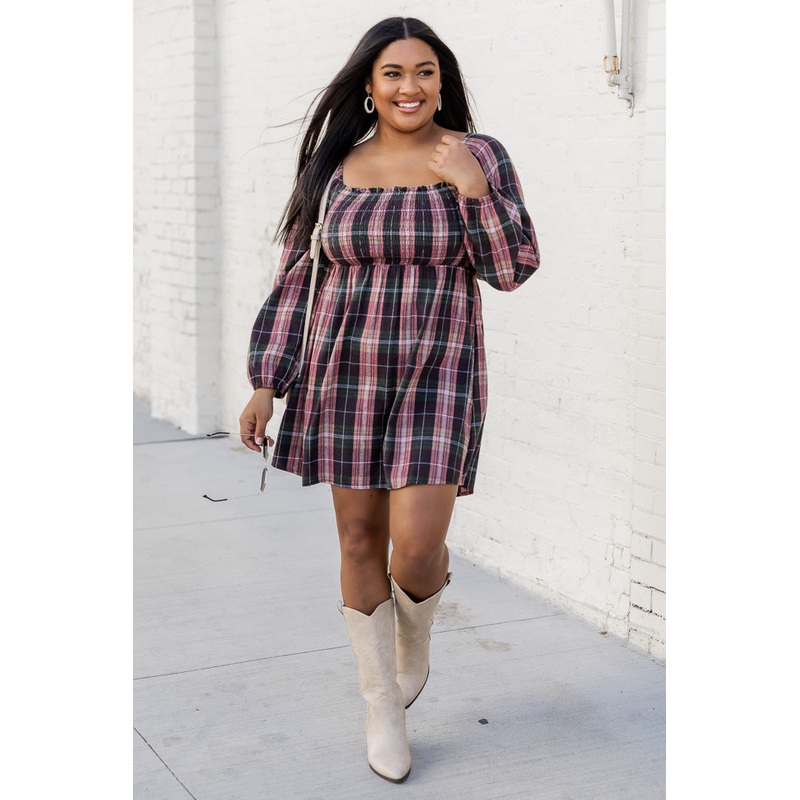 For A While Green Plaid Smocked Bust Dress FINAL SALE