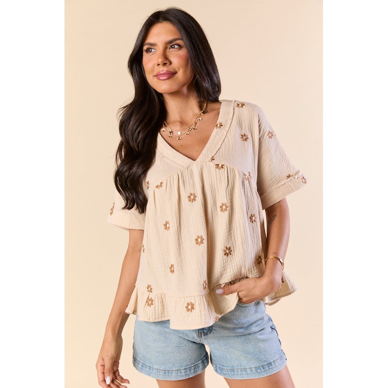 Garden Glow Natural Floral Embroidered Gauze Blouse