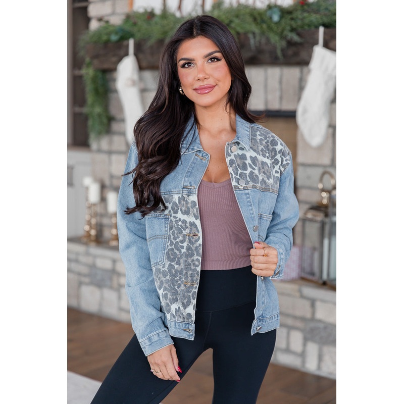 Head For The Next Town Leopard Print Medium Wash Denim Jacket FINAL SALE