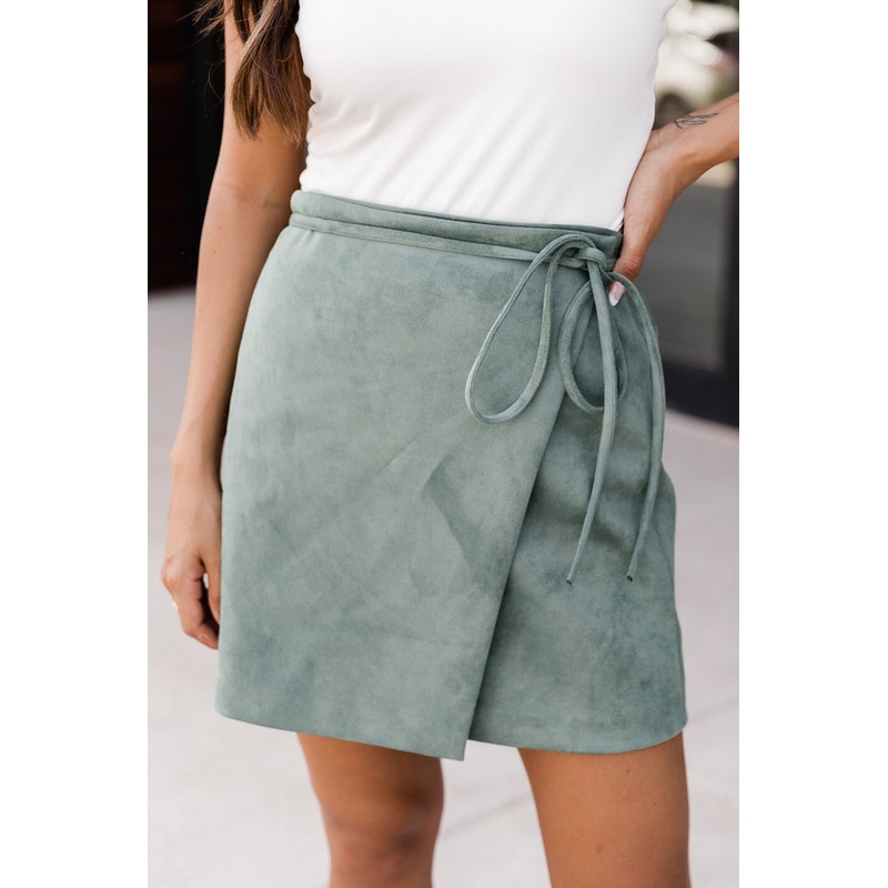 Other Half Of Me Olive Tie Waist Suede Skirt FINAL SALE