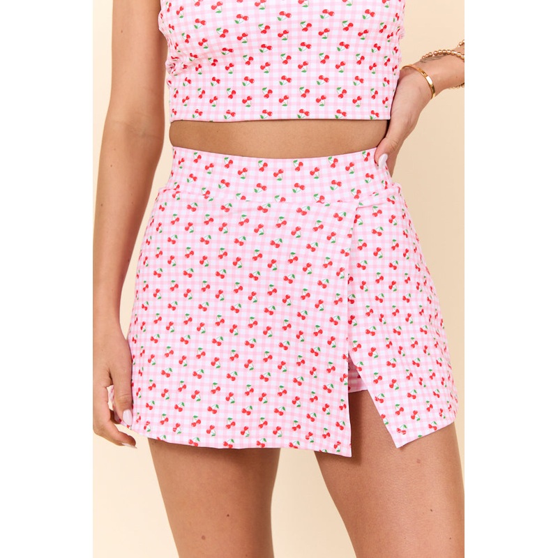 Pick Your Goals Pink Cherry Gingham Side Slit Skort