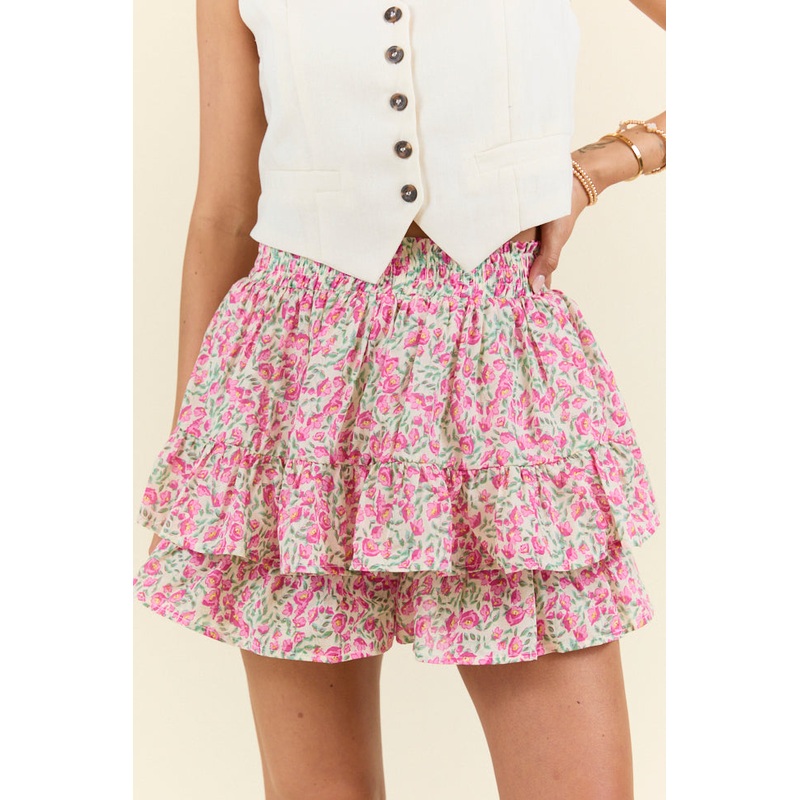 Pretty Moment Pink Multi Floral Tiered Skort