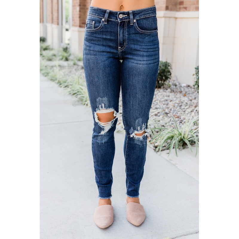 The Kallista Dark Wash Distressed Crop Jeans FINAL SALE