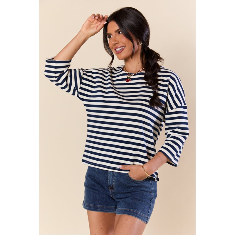 Bold Lines Navy Striped 3/4 Sleeve Knit Top