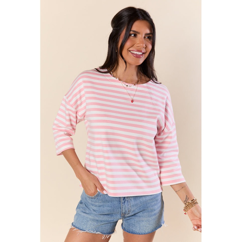 Bold Lines Pink Striped 3/4 Sleeve Knit Top