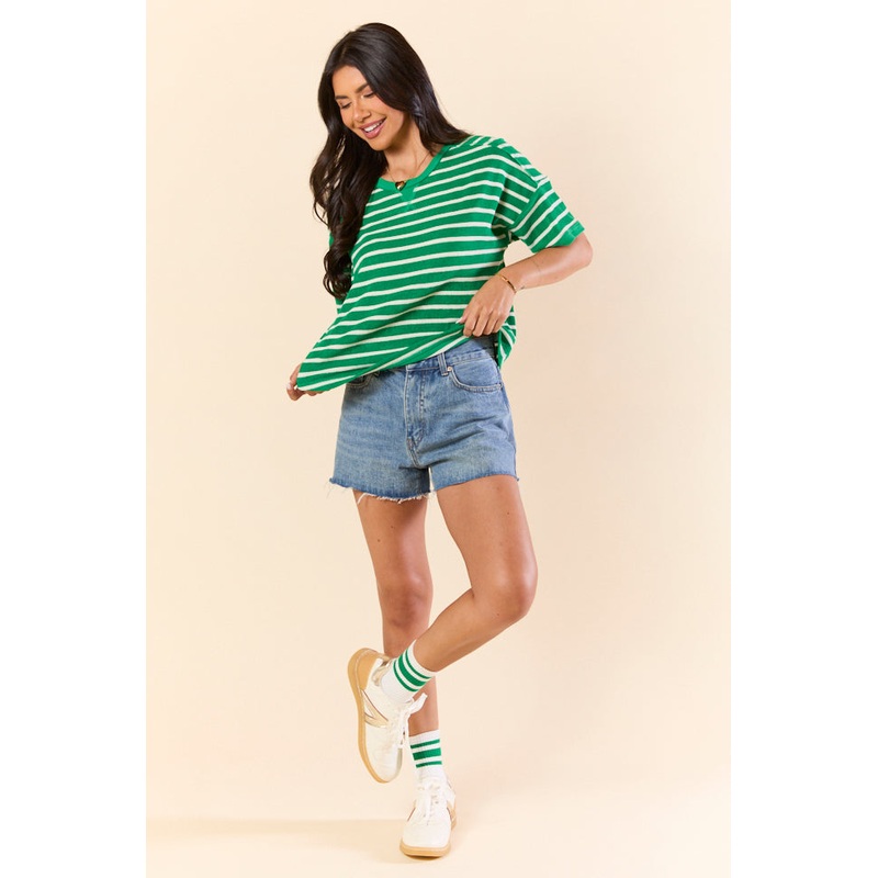 Color Wave Green and Oatmeal Striped Knit Boxy Tee