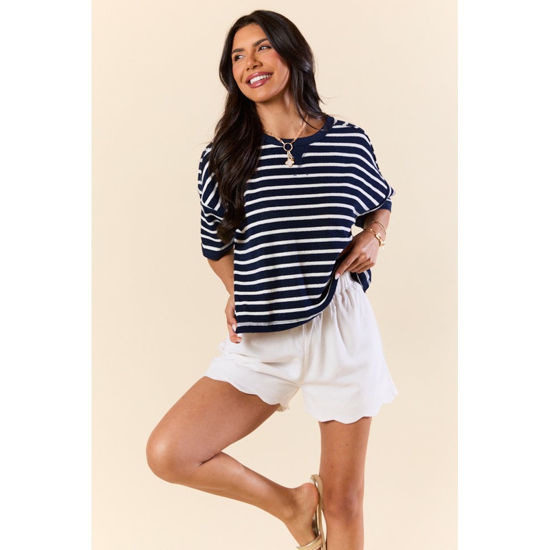 Color Wave Navy and White Striped Knit Boxy Tee