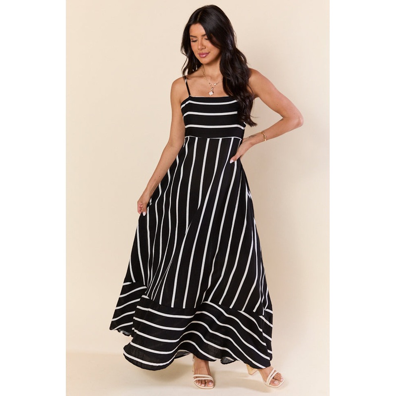 Come Sail Away Black and White Striped Maxi Dress
