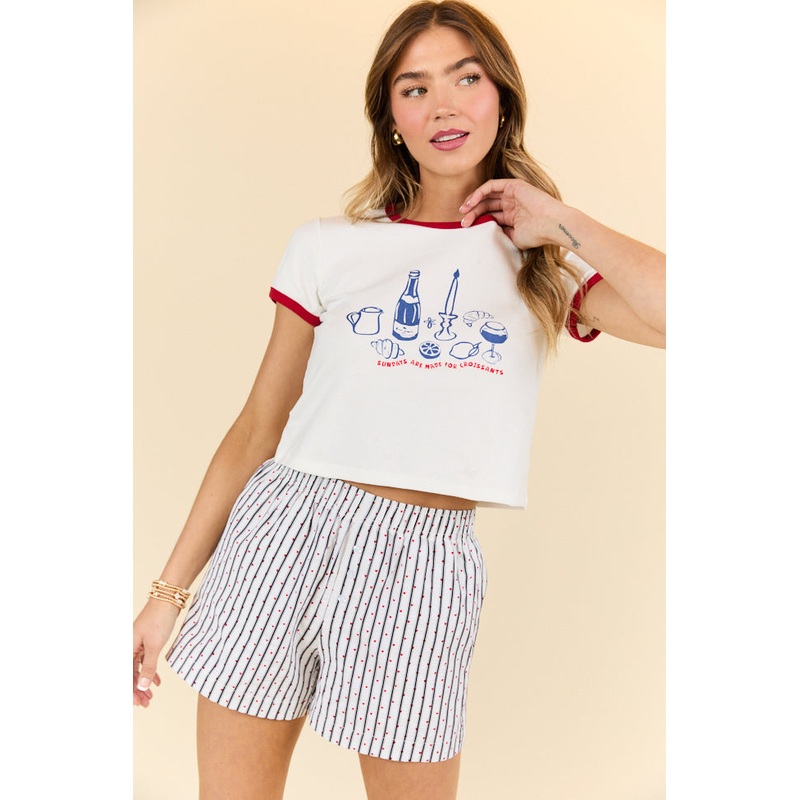 Croissants For Dinner White Graphic Cropped Tee