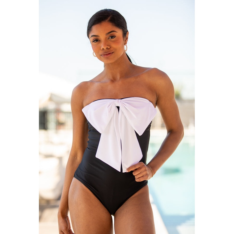 Knotical Cutie White Bow Black One Piece Swimsuit FINAL SALE