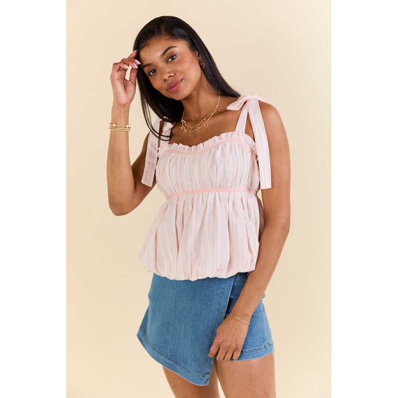 Makes My Heart Smile Pink and Cream Striped Tie Shoulder Top