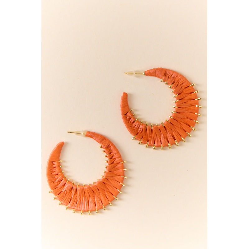 Orange Raffia Wrapped Hoop Earrings