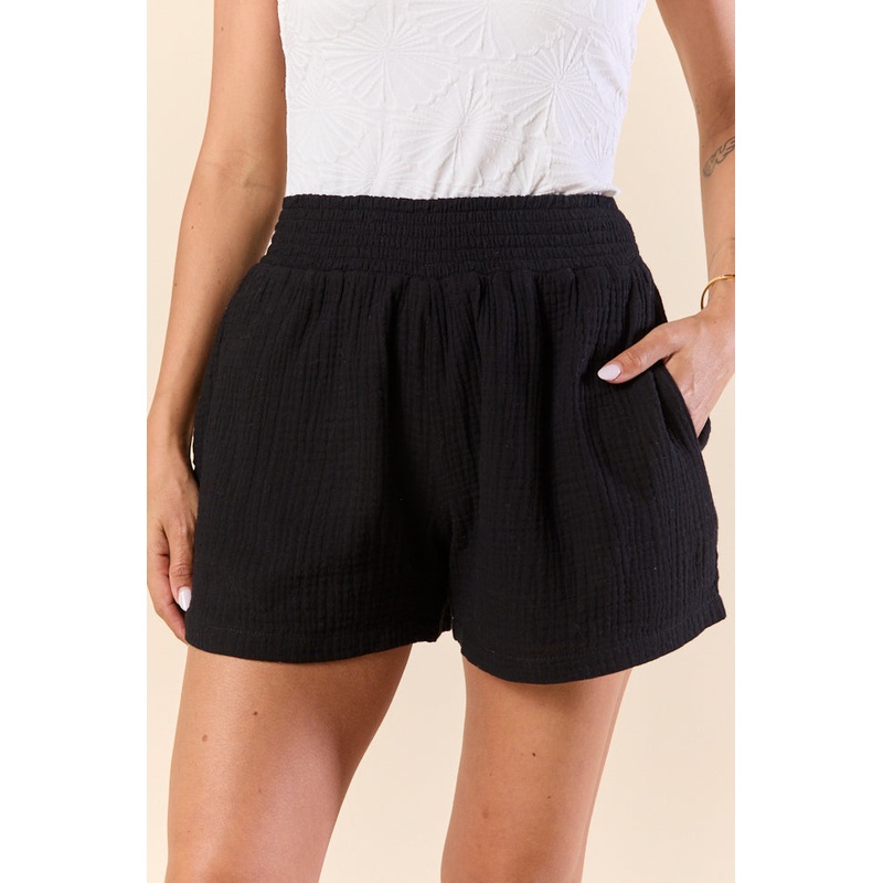 Pier Plans Black Flare Smocked Shorts