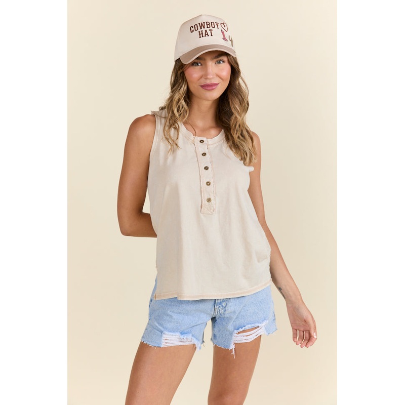Polished Comfort Khaki Acid Wash Henley Tank