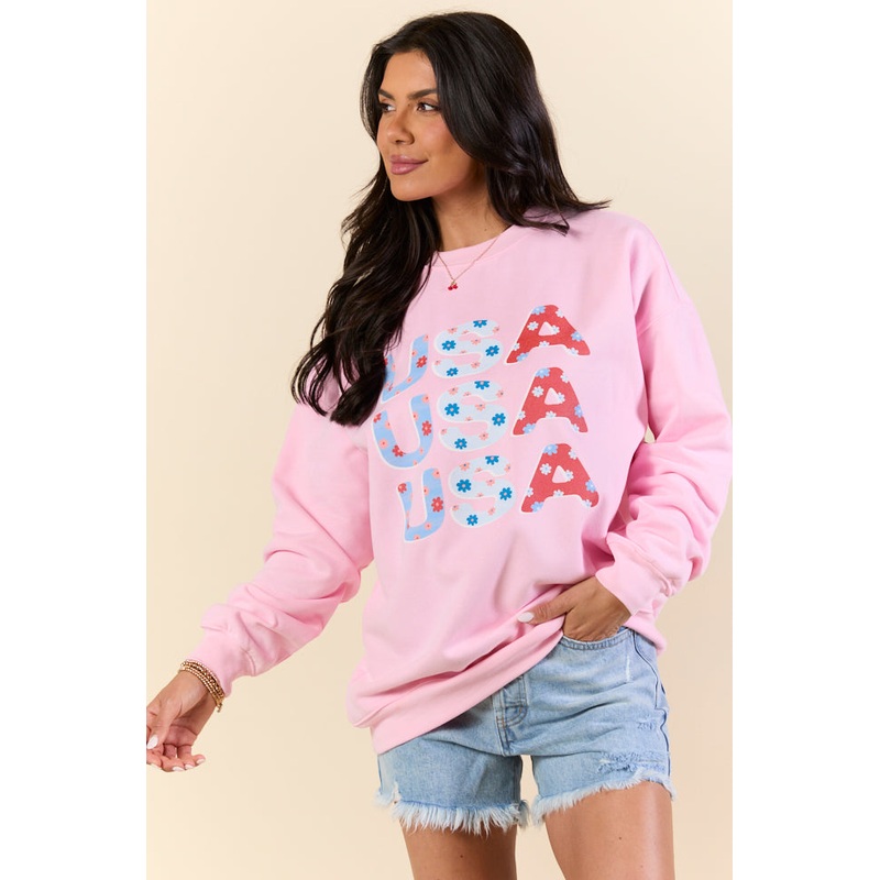 USA Floral Light Pink Oversized Graphic Sweatshirt