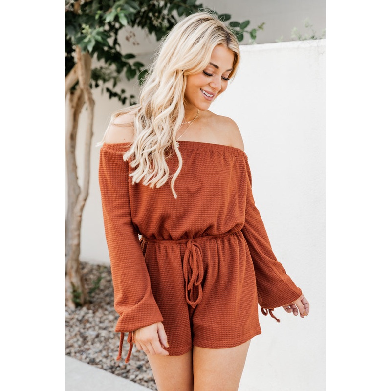 A Darling Day Rust Waffle Knit Off The Shoulder Romper FINAL SALE