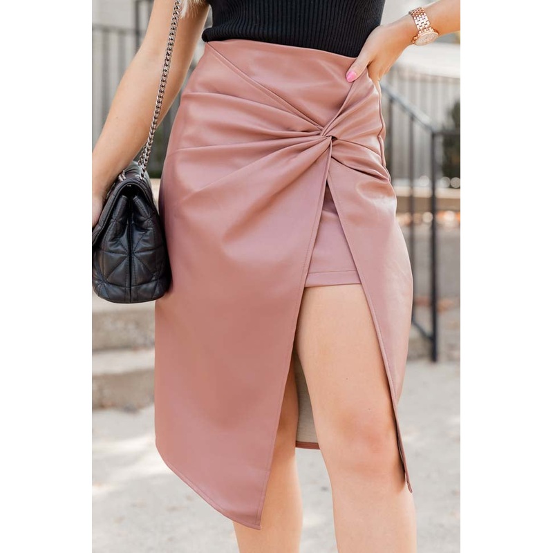A True Mystery Brown Faux Leather Twist Front Midi Skirt FINAL SALE