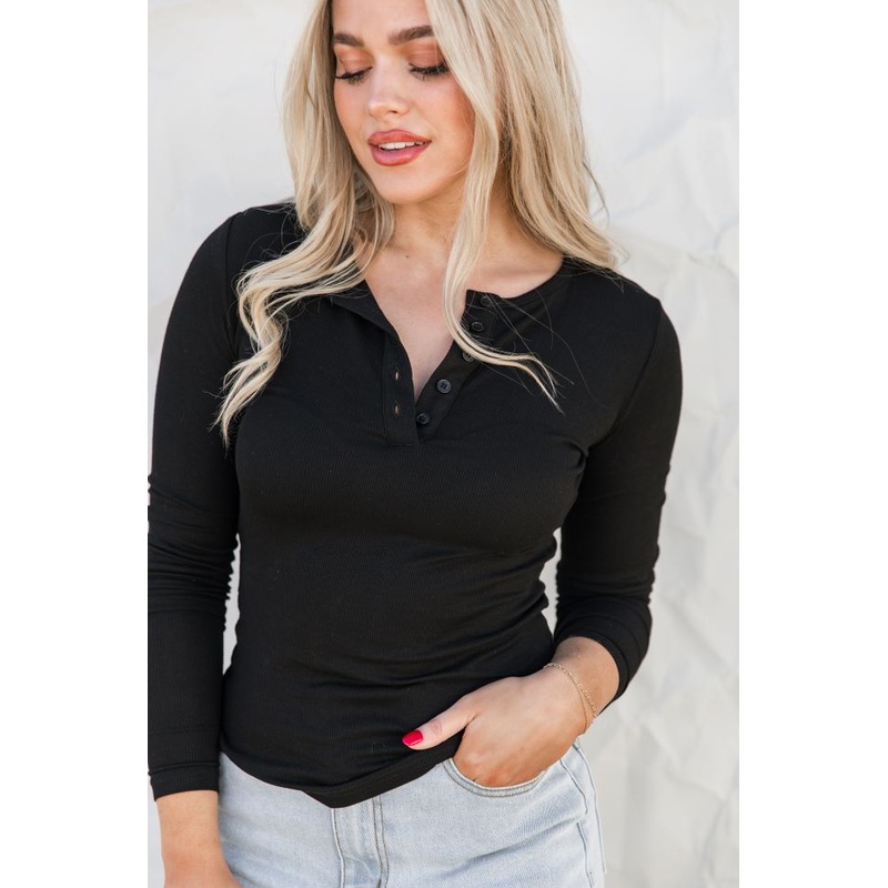 All The Better Black Ribbed Knit Henley Long Sleeve Tee
