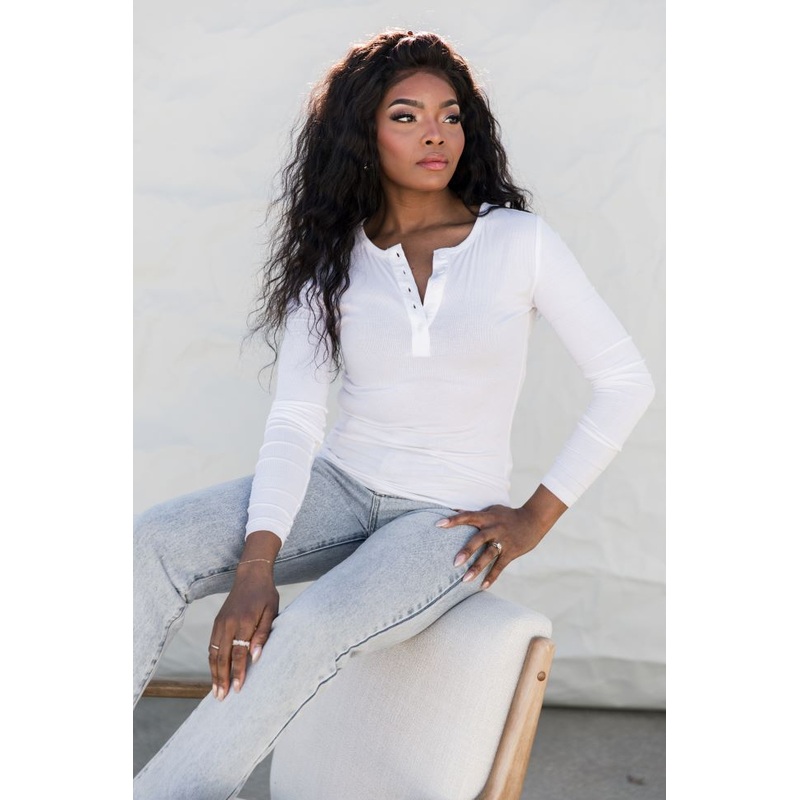 All The Better White Ribbed Knit Henley Tee