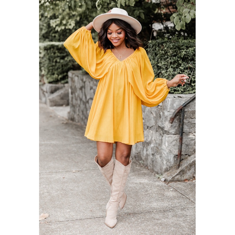 As Free As The Wind Yellow V Neck Bubble Sleeve Mini Dress FINAL SALE