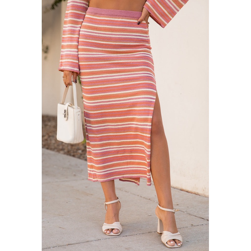 Don’t Give Up Rust Retro Striped Knit Midi Skirt With Slit FINAL SALE