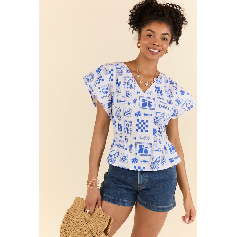 Missed You Blue Icon Printed Cinched Waist Woven Blouse