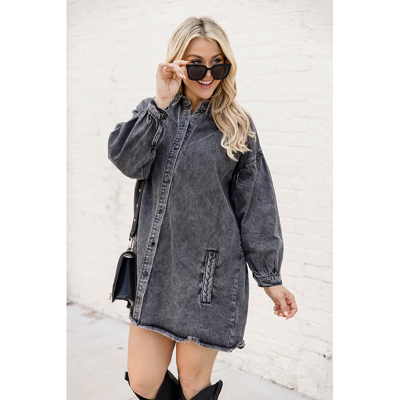 Start Looking Charcoal Chambray Long Sleeve Mini Dress FINAL SALE