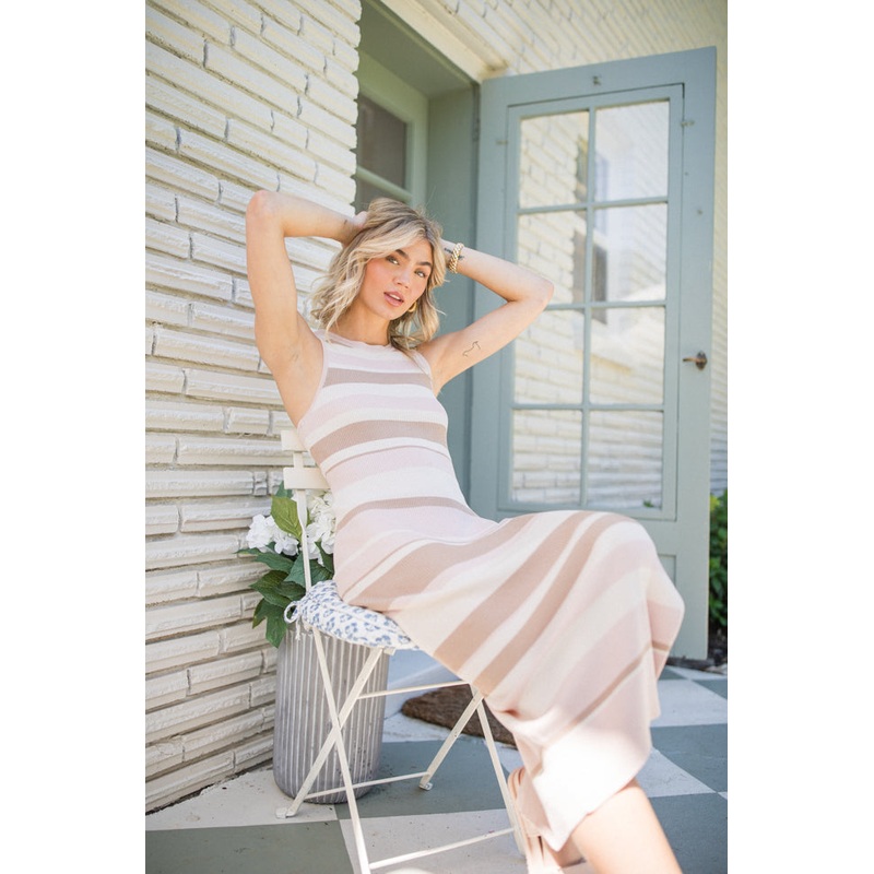 Sweet Applause Taupe Striped High Neck Bodycon Dress FINAL SALE
