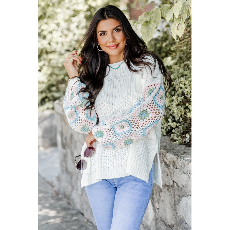 Wanna Be With You Ivory Multi Crochet Sleeve Sweater FINAL SALE