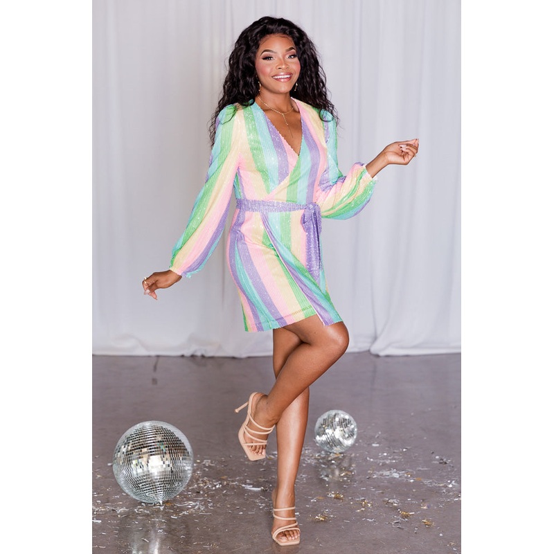You’re My Lover Pastel Multi Stripe Belted Sequin Mini Dress FINAL SALE