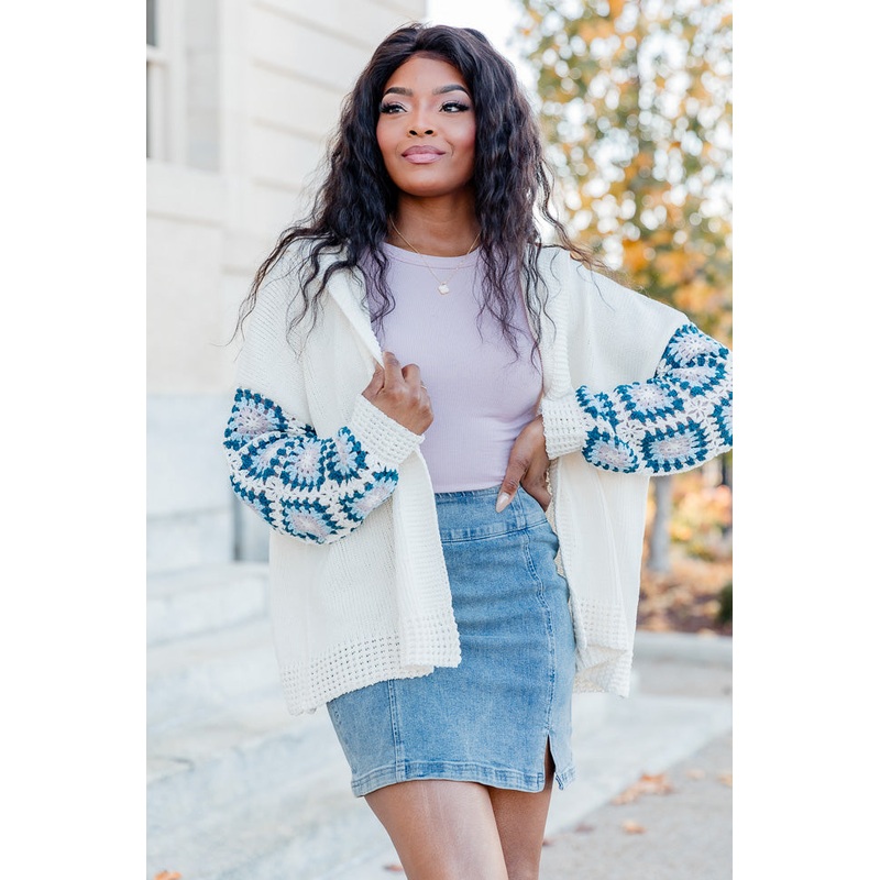 Be Better Ivory and Blue Crochet Sleeve Hooded Cardigan FINAL SALE
