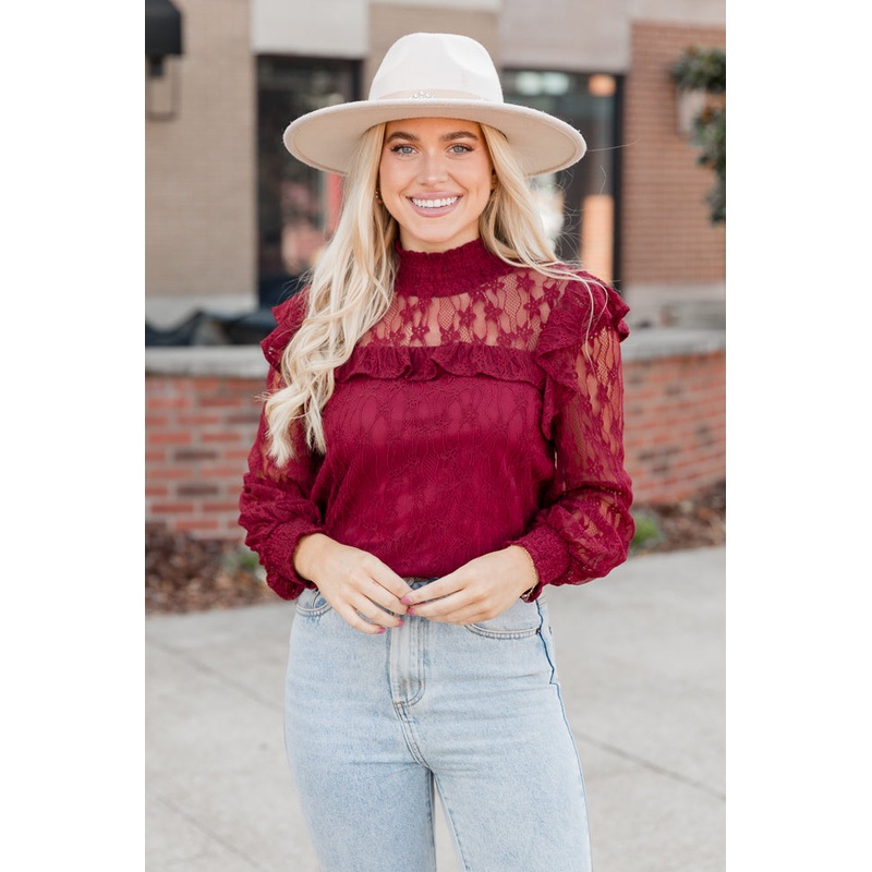 Be The Moment Burgundy Mock Neck Lace Blouse FINAL SALE