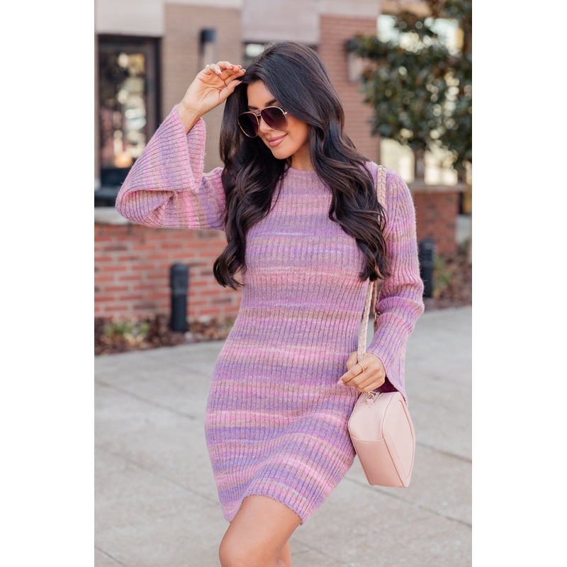 Easy Does It Pink Ombre Knit Sweater Bell Sleeve Mini Dress FINAL SALE