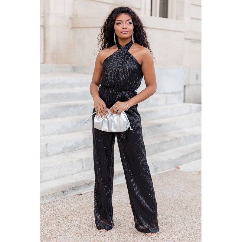 Festive Feels Black Self Tie Halter Belted Sequin Jumpsuit FINAL SALE