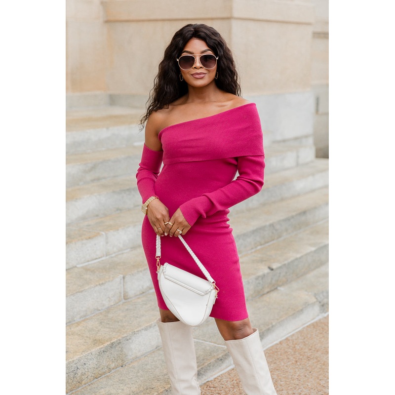 Heading Uptown Magenta Asymmetrical Mini Sweater Dress FINAL SALE