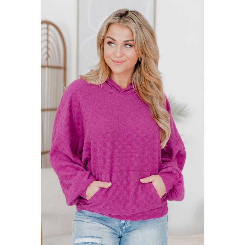 Holding On Magenta Brushed Knit Checkered Hoodie FINAL SALE
