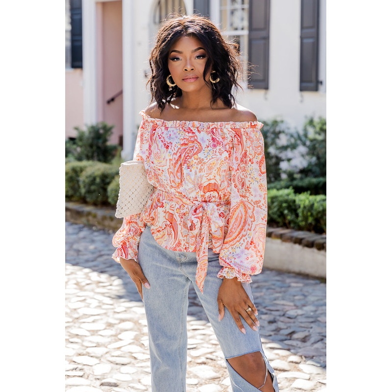 Off The Path Orange Paisley Off The Shoulder Belted Blouse FINAL SALE