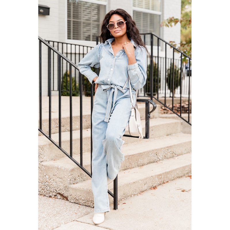 One More Time Long Sleeve Belted Denim Button Up Jumpsuit FINAL SALE