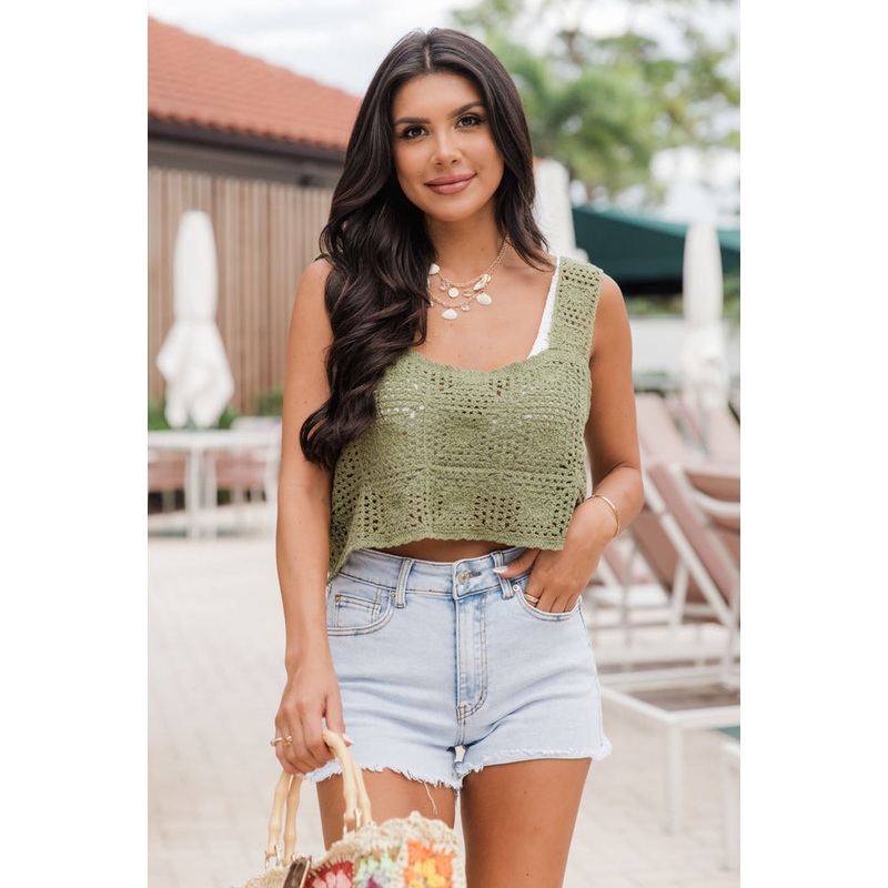 Out Of This World Olive Cropped Crochet Tank FINAL SALE