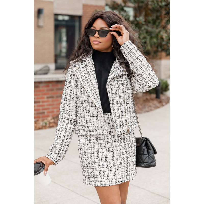 Serious Business Woman Cream and Black Plaid Boucle Tweed Moto Jacket FINAL SALE