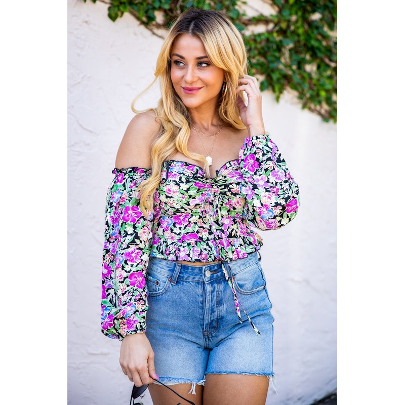 Sonic Blooms Black Floral Off The Shoulder Long Sleeve Blouse FINAL SALE