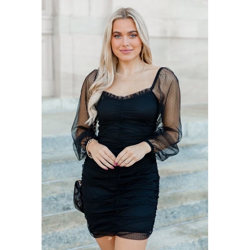 Walk This Way Black Polka Dot Mesh Long Sleeve Mini Bodycon Dress FINAL SALE
