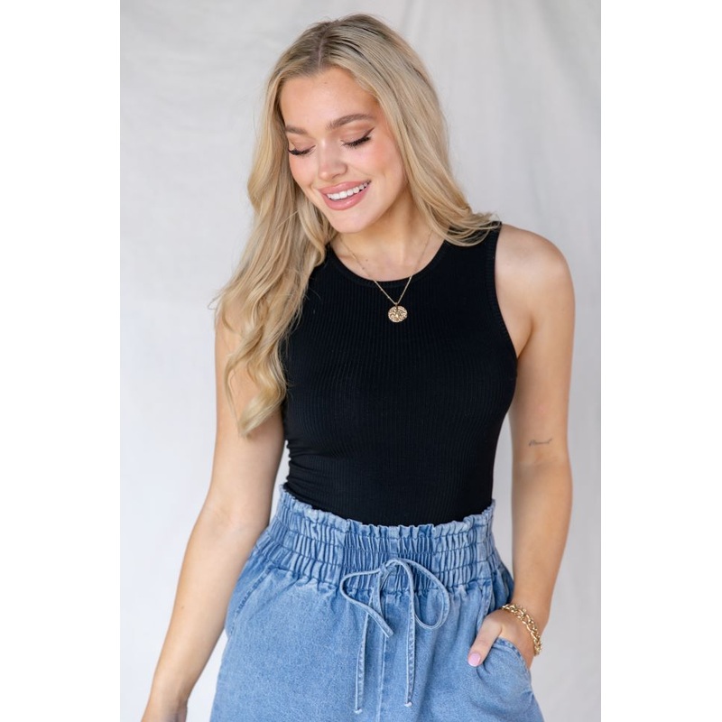 Easy On Me Black High Neck Tank Ribbed Bodysuit