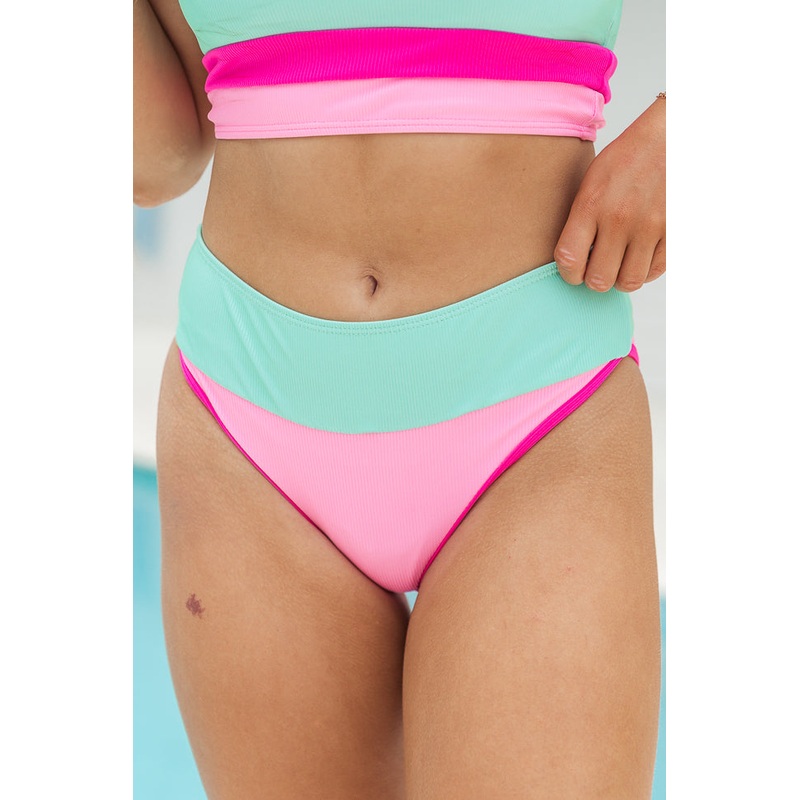 Feeling Coastal Mint And Pink Color Block Bikini Bottoms FINAL SALE